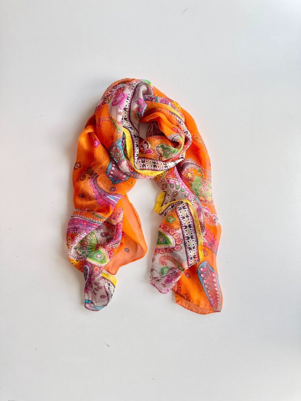 COCOON HOUSE Orange Paisley Trim Silk Chiffon 66" x 25.5" Rectangle Shawl Scarf